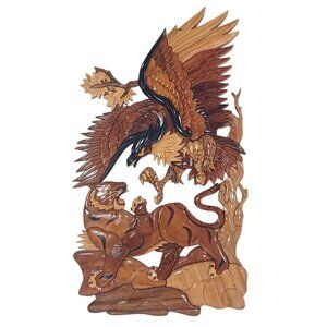 Handcrafted Wood 3D  Intarsia Wall Sculpture Art Tiger Patriotic Eagle B…